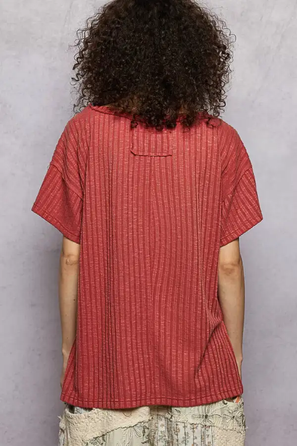 V-Neck Short-Sleeve Textured Ribbed T-Shirt