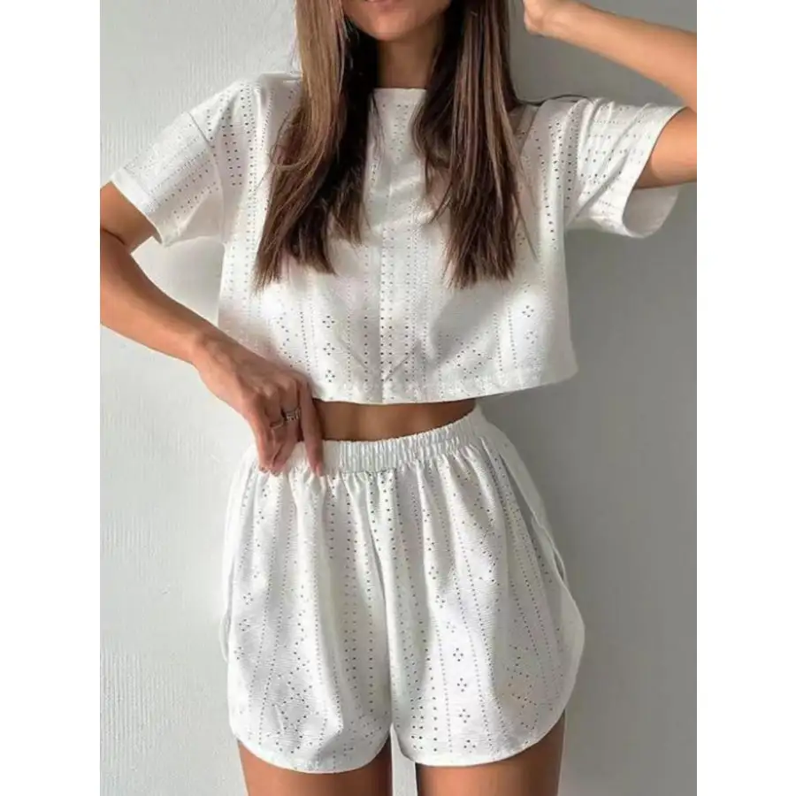 Eyelet Round Neck Top and Shorts Set