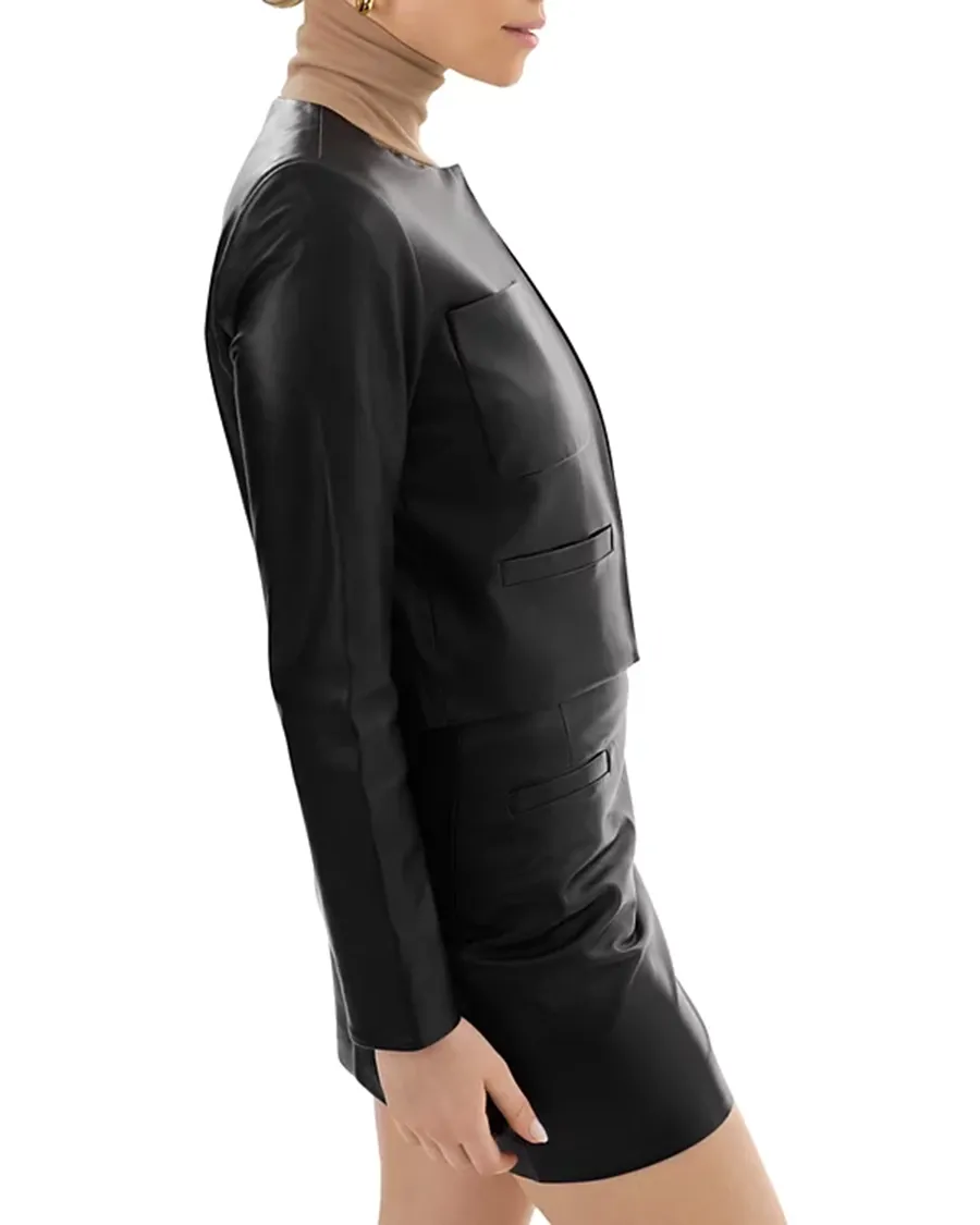 Long Sleeves Round Neck Leather Jacket