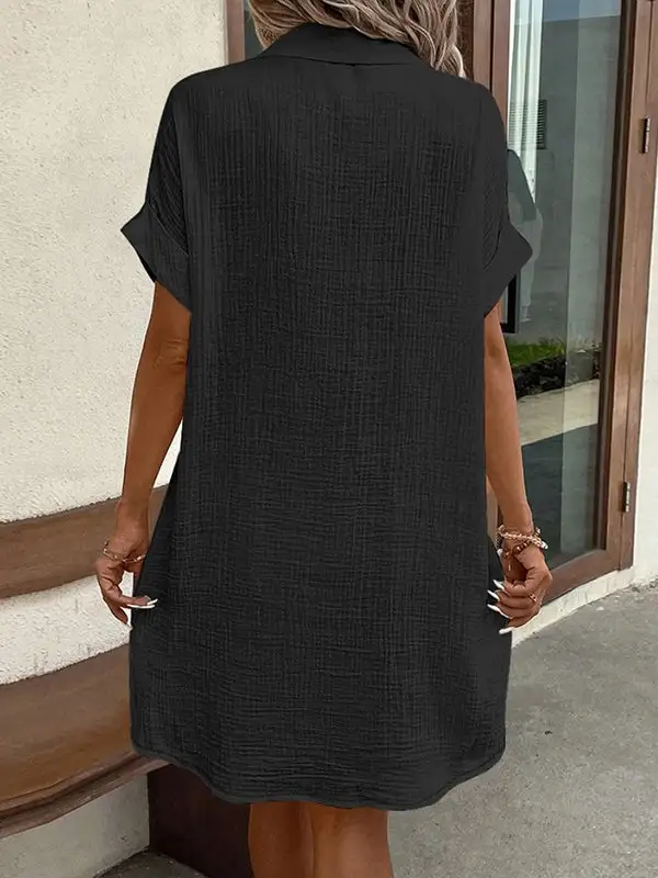 Relaxed Short Sleeve Buttoned Pocket Lapel Mini Dress