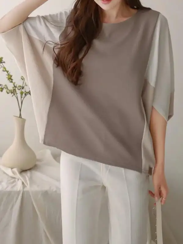 Batwing Sleeve Relaxed Contrast Panel Detail Round Neck T-Shirt