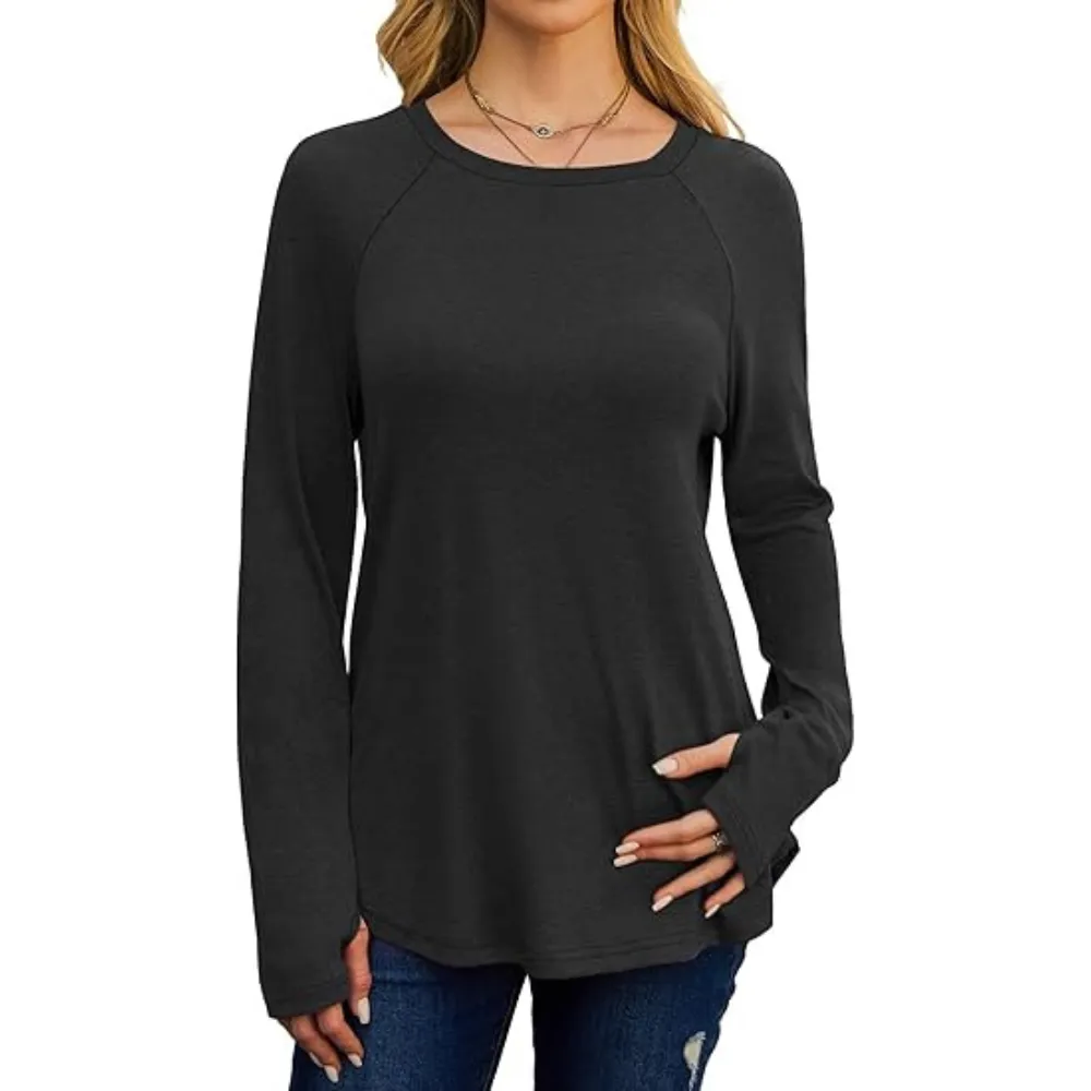 Womens Tunic Tops to Wear with Leggings Long Sleeve Thumb Hole Shirts Crew Neck Curved Hem