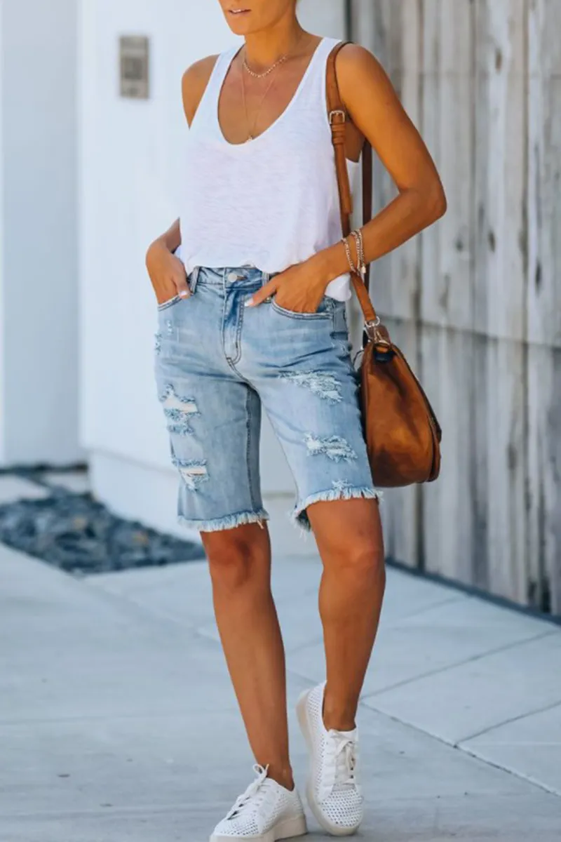 Ripped Raw Hem Denim Bermuda Shorts