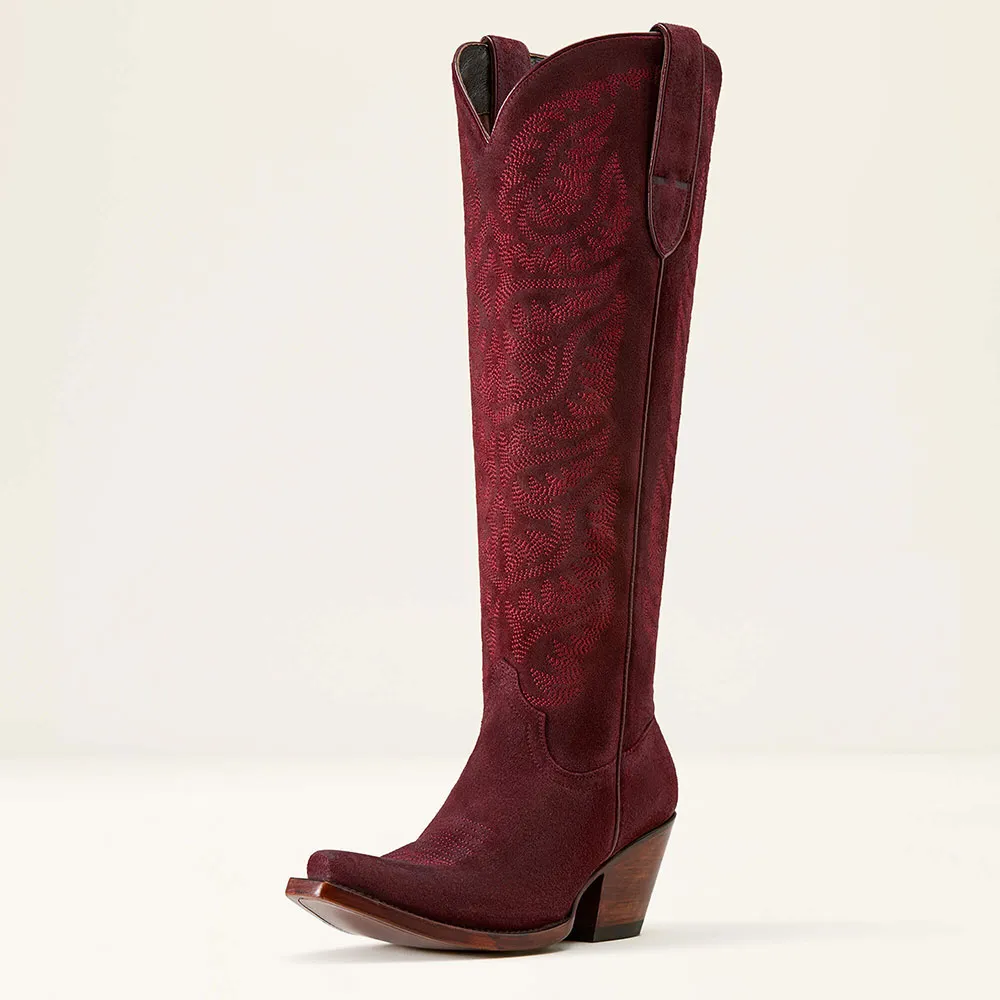Faux-Suede Embroidered Side-Zip Zip-Up Knee-High Boots