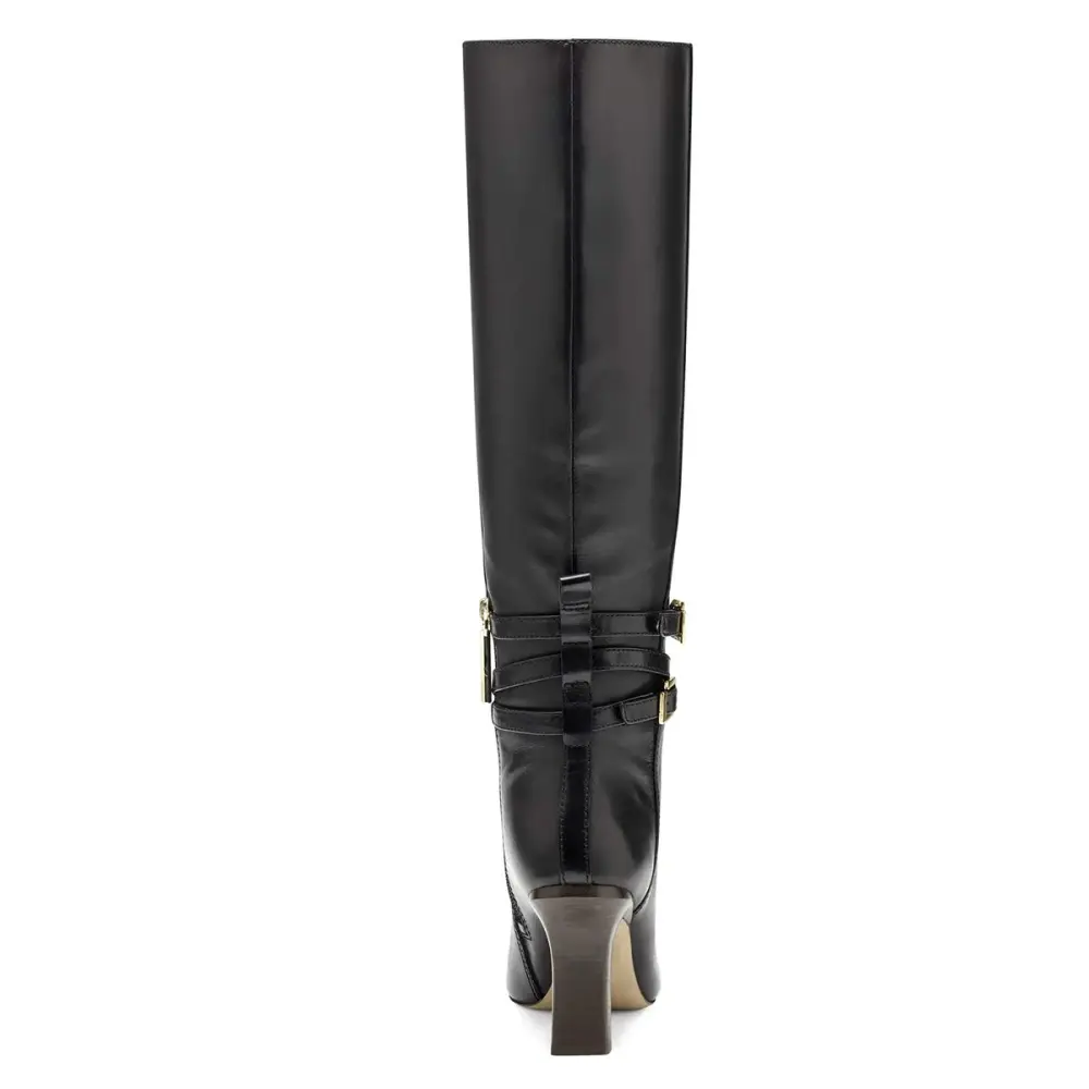 Buckle-Detail Zip-Up Square-Toe Pointed-Toe Knee-High Boots