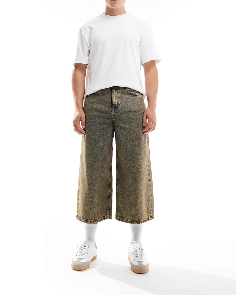 Longer Length Denim Jorts In Light Wash With Tint
