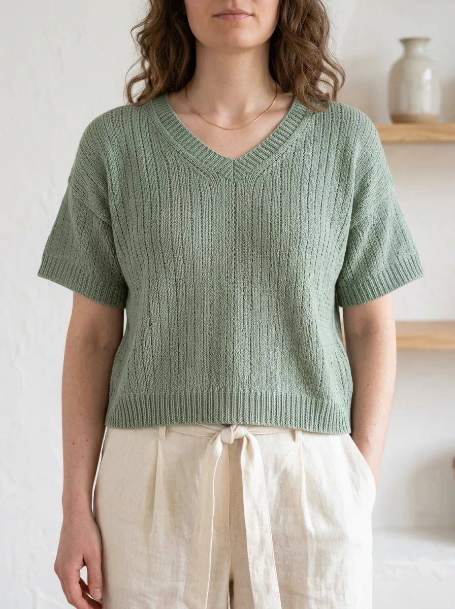 Women's V-Neck Short-Sleeve Ribbed Knit T-Shirt