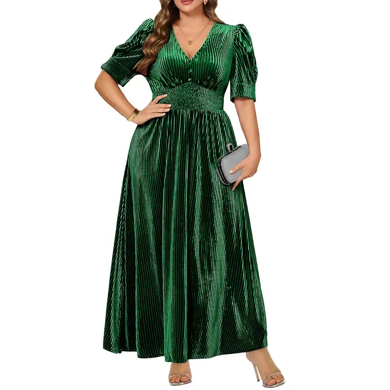 Women’s  Velvet Wedding Guest Dress - Fall Formal Holiday V Neck Empire Waist Long Dresses