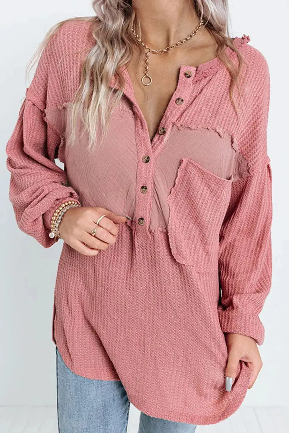 Polished Button Front V-Neck Blouse
