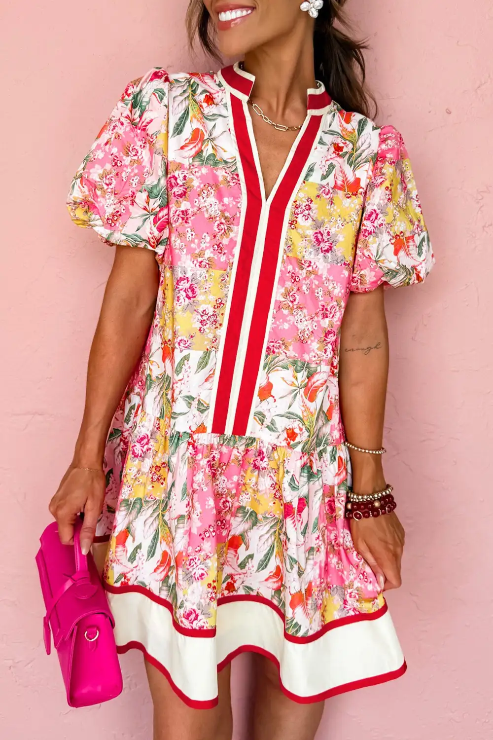Floral Patchwork V Neck Mini Dress