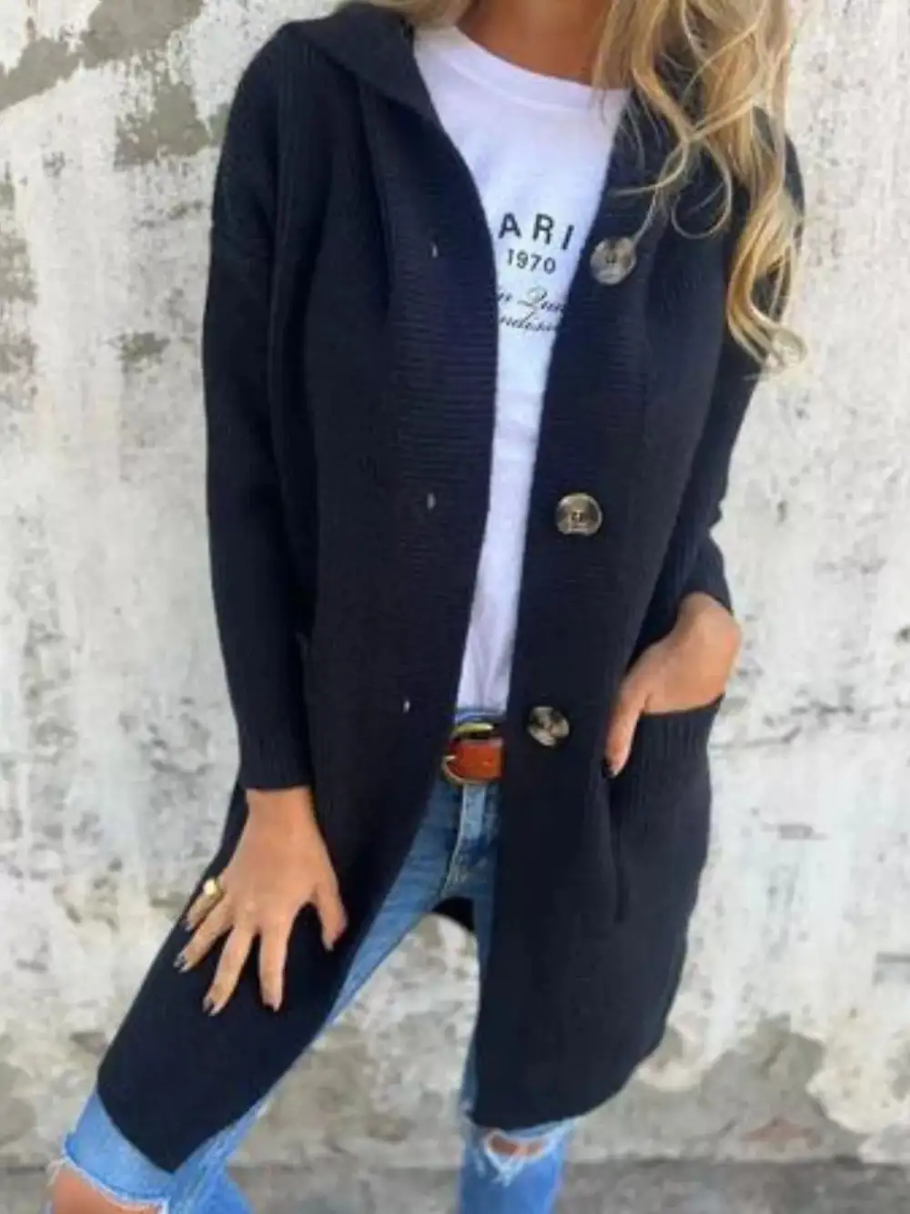 Full Size Button Down Hooded Cardigan Plus Size