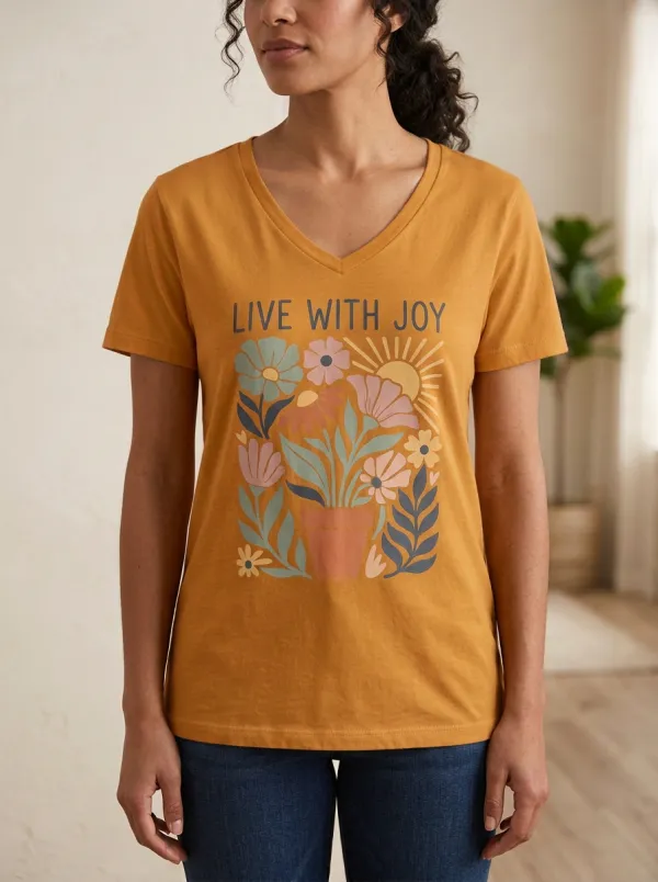 Women's Live With Joy Floral Plant Pot Print T-Shirt