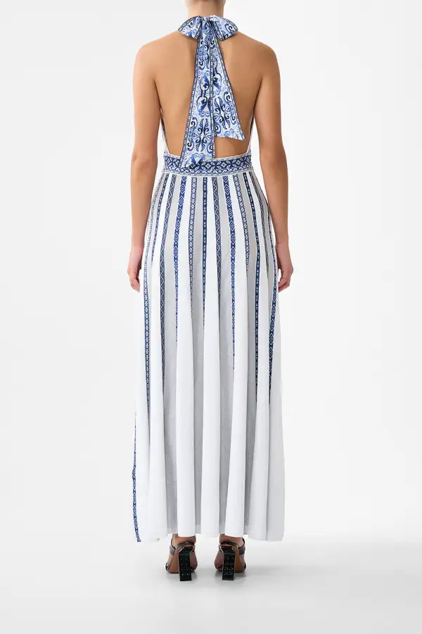 Halter Neck Knit Dress with Silk Tie