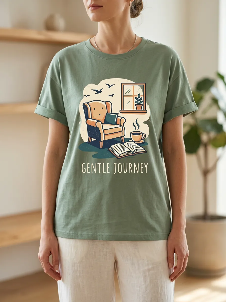 Women's Cozy Reading Nook Gentle Journey Print T-Shirt
