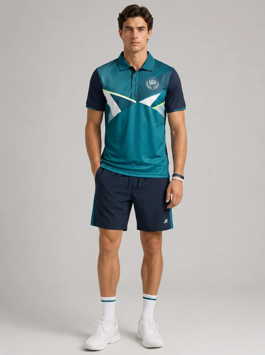 Men's Sporty Geometric Printed Polo Shirt and Shorts Set