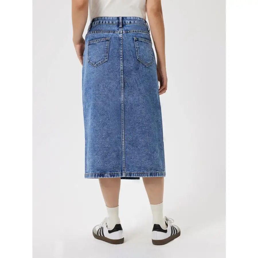 Simple Slit Midi Denim Skirt with Pockets