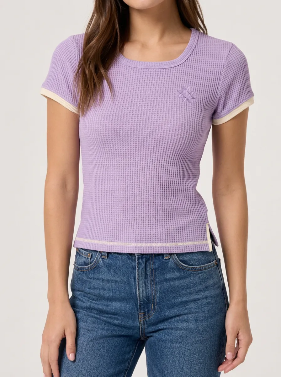 Women's Lavender Star Embroidered Waffle Knit Ringer Top