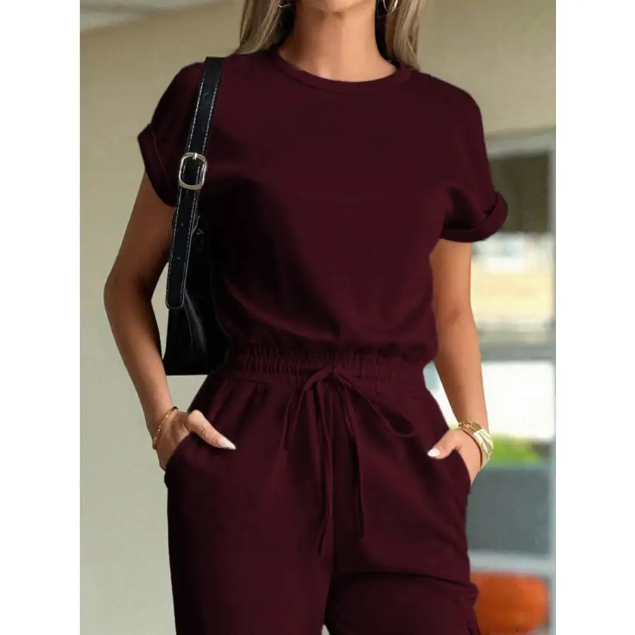 Round Neck Short Sleeve Top and Pants Set