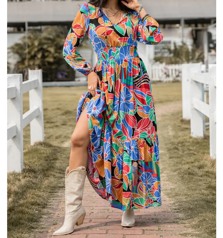 Printed Smocked Tie Neck Balloon Sleeve Maxi Dress