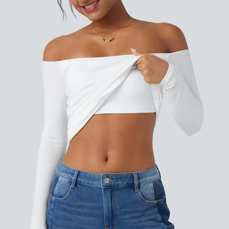 Ribbed Knit Off Shoulder Long Sleeve 2-in-1 Casual Top