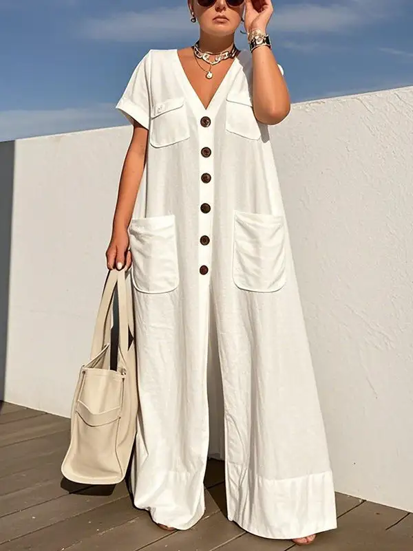 Losse Jumpsuits Met Korte Mouwen Knoopzakken Effen Kleur
