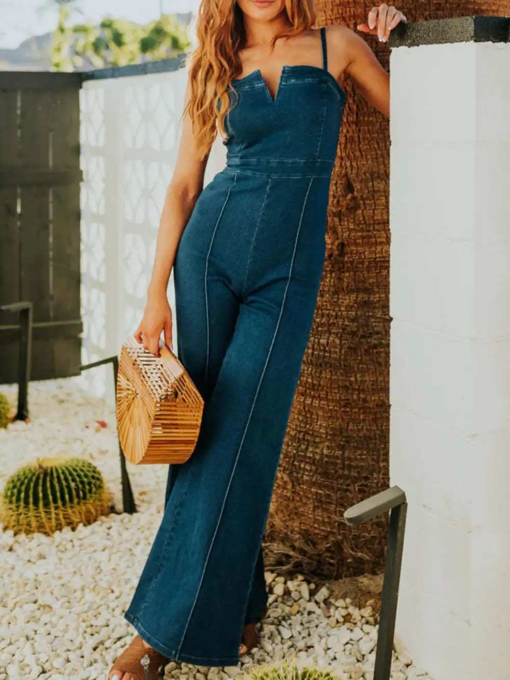 Spaghetti Strap Wide Leg Denim Jumpsuit Accessory