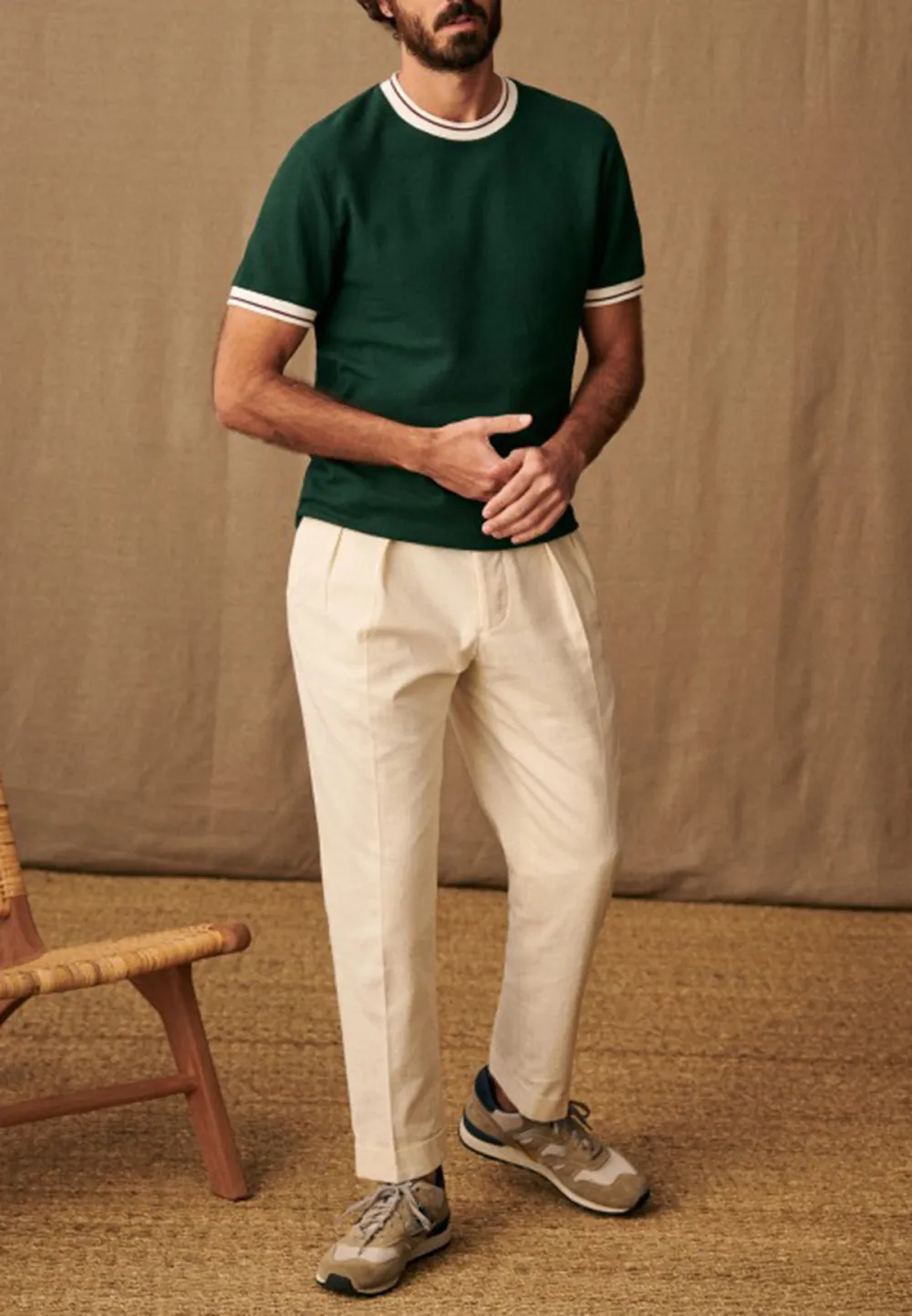 Dark Green White Trim Crew Neck Cotton T-Shirt