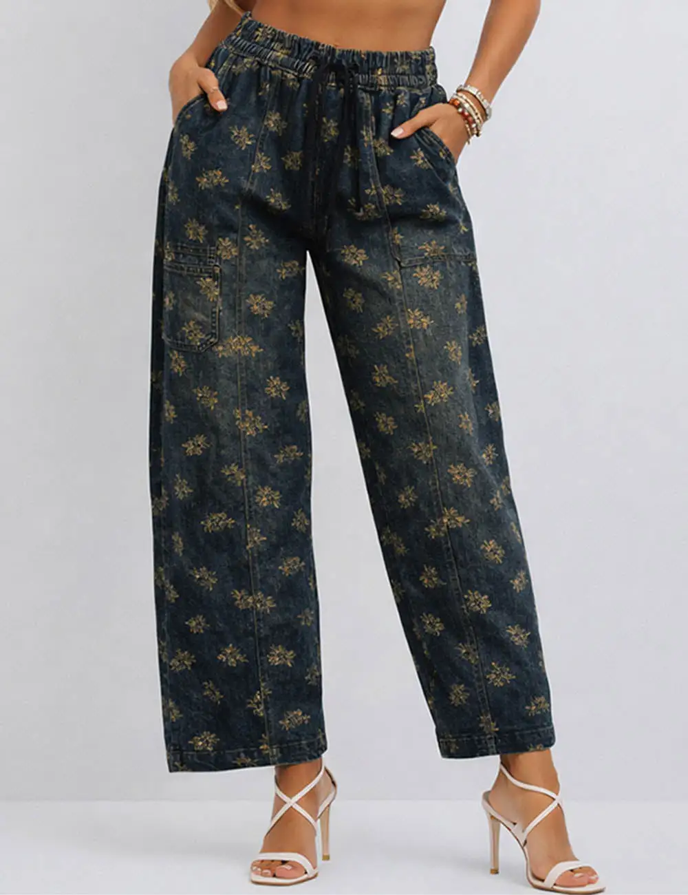 Pocket Floral Print Elastic Waist Barrel Leg Denim Pants