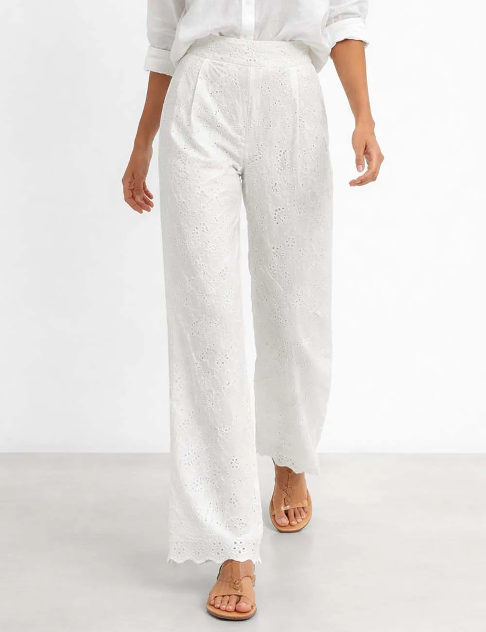 Everyday Eyelet Solid Color Elastic Waist Wide Leg Pants