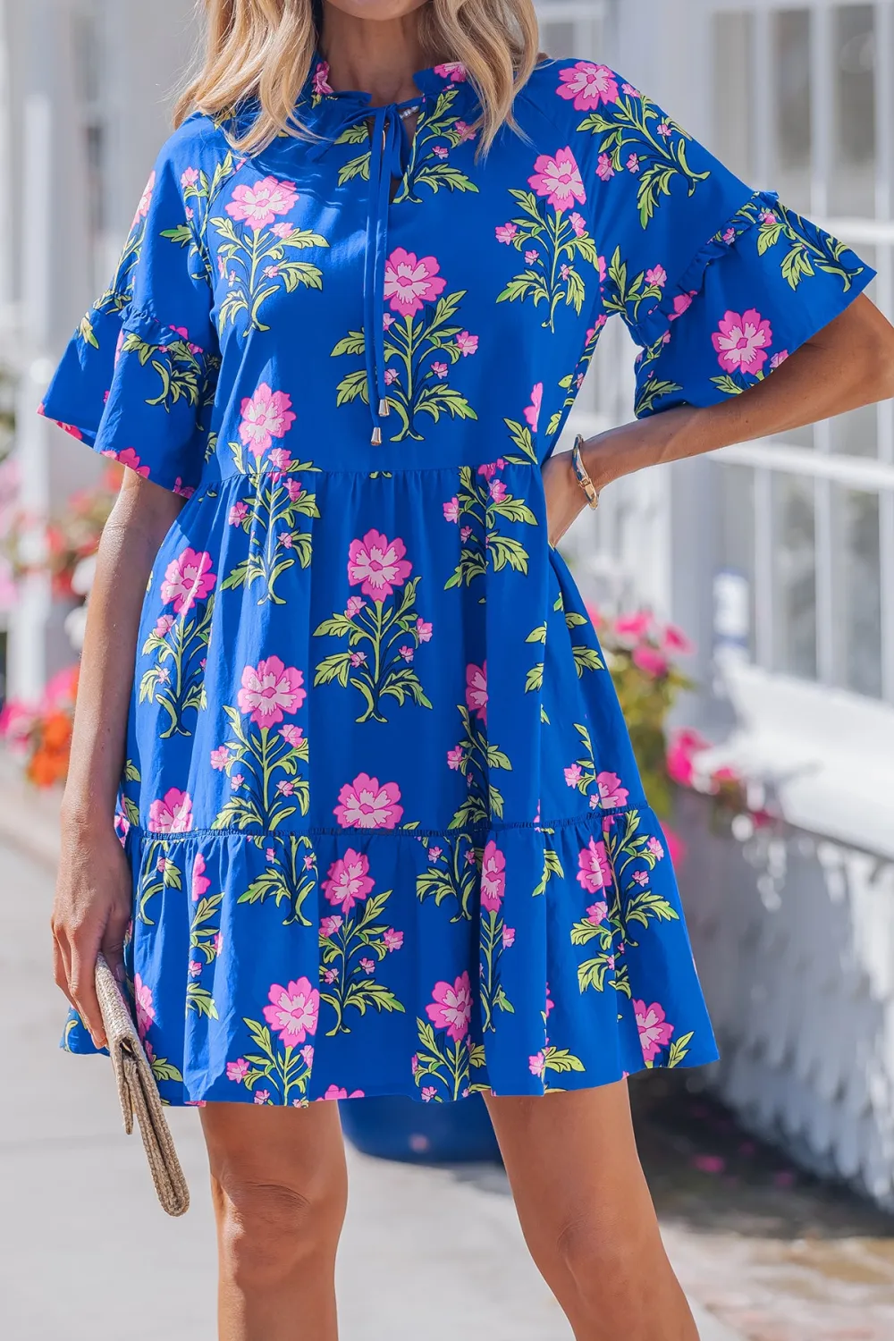 V-Neck Short Sleeve Loose Flower Dress