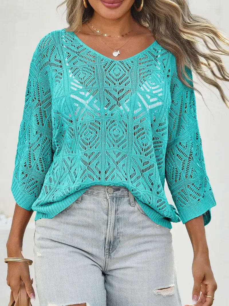 Women's Bohemian-Inspired Beige Crochet Top with V-Neck
