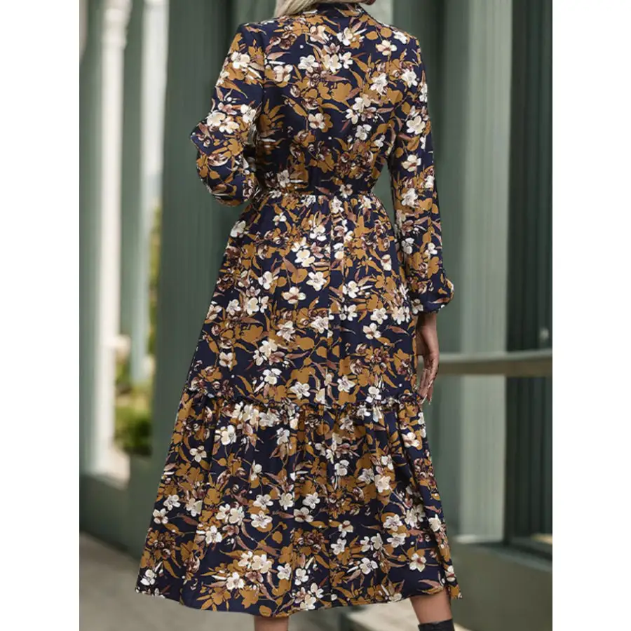 Notched Long Sleeve Midi Dress