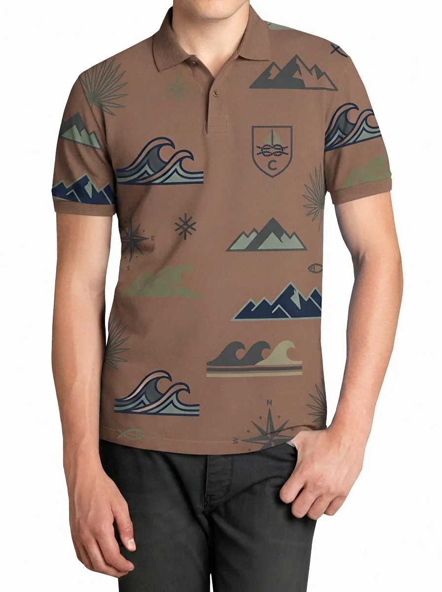 Men's Outdoor Adventure Mountain Wave Compass Printed Polo Shirt