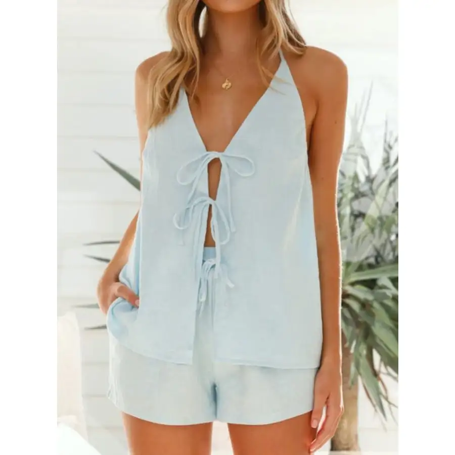 Tied Front Halter Neck Top and Shorts Set