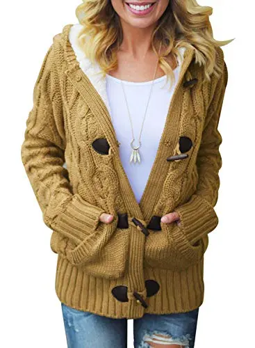 Womens 2025 Winter Hooded Cardigans Button Up Cable Knit Sweater Coat Outerwear with Pockets