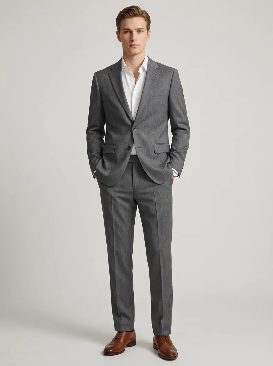 Men's Business Formal Grey Herringbone Tailored Suit Set
