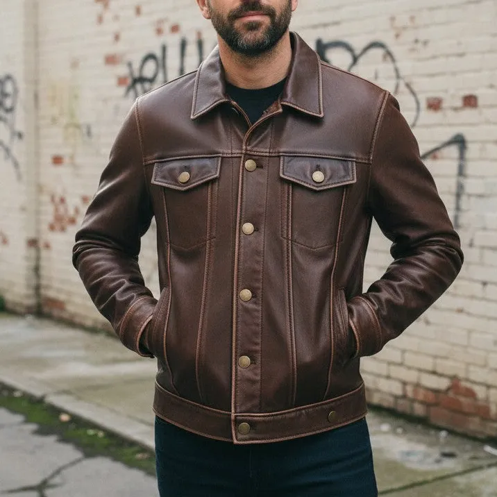 Cowhide Biker Trucker Multi Pocket Jacket