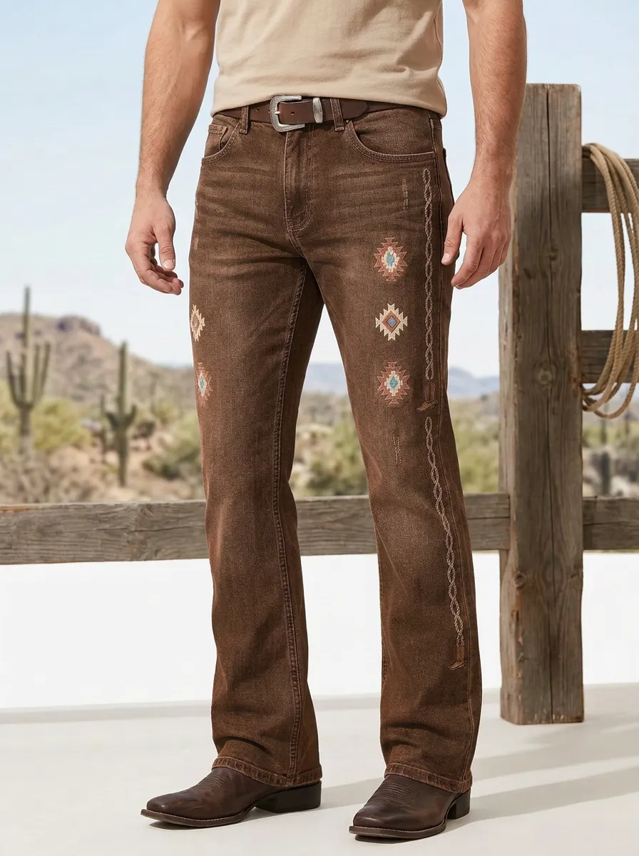 Men's Classic Western Cowboy Southwestern Geometric Jeans