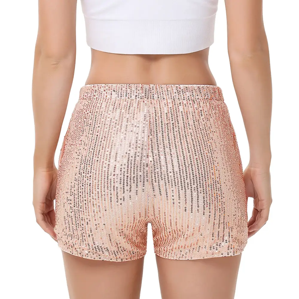 High-Waist Elastic-Waist Pocketed Straight Sequin Shorts