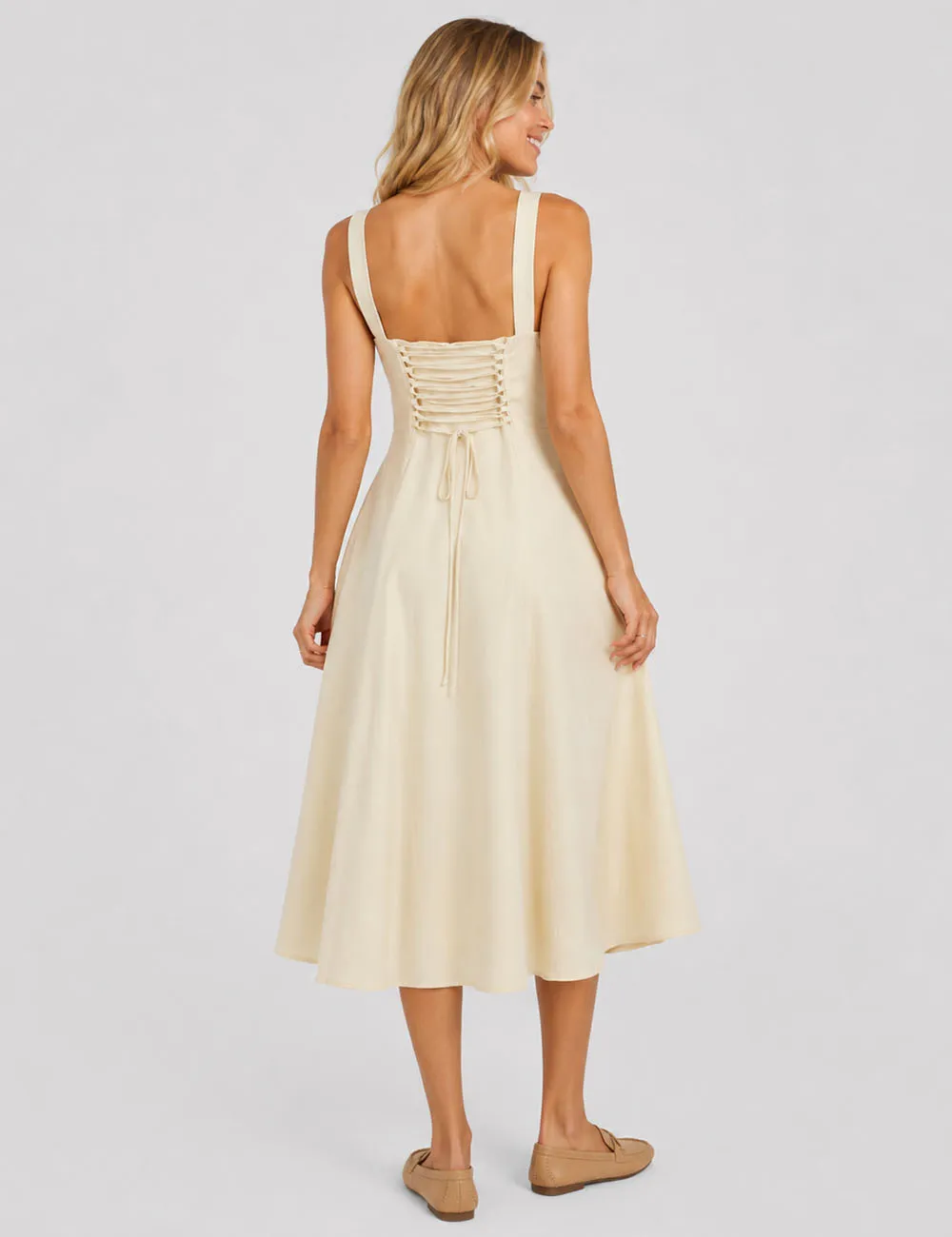 Square Neck Crisscross Lace Up Back Solid Color Midi Dress