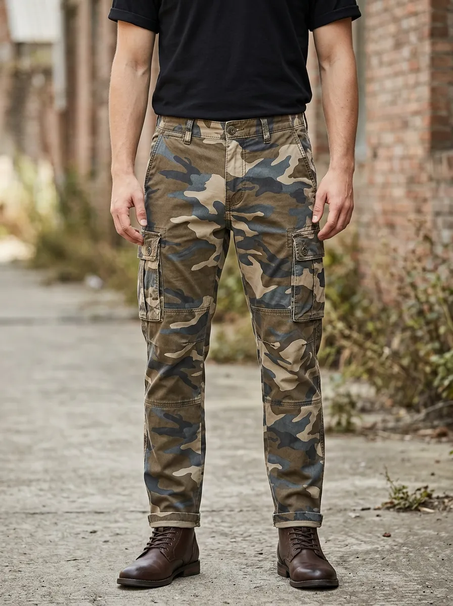 Men's Button Zip Fly Cargo Pants Featuring Camouflage Detail