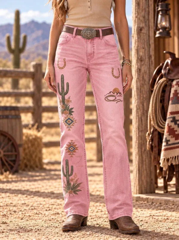Women's Western Cowgirl Cactus Horseshoe Printed Jeans
