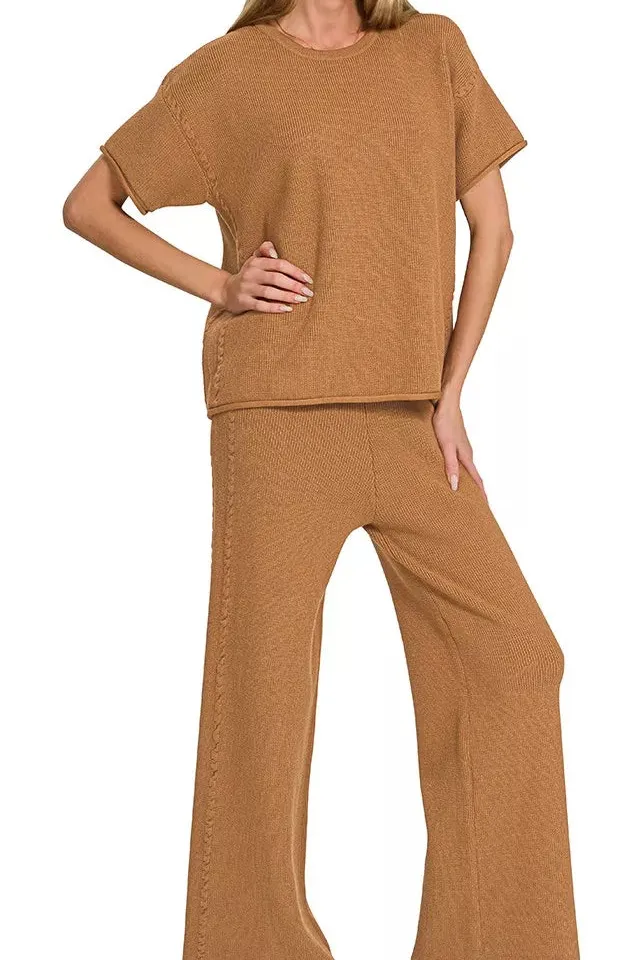 Textured Viscose Round Neck Top & Pants Set