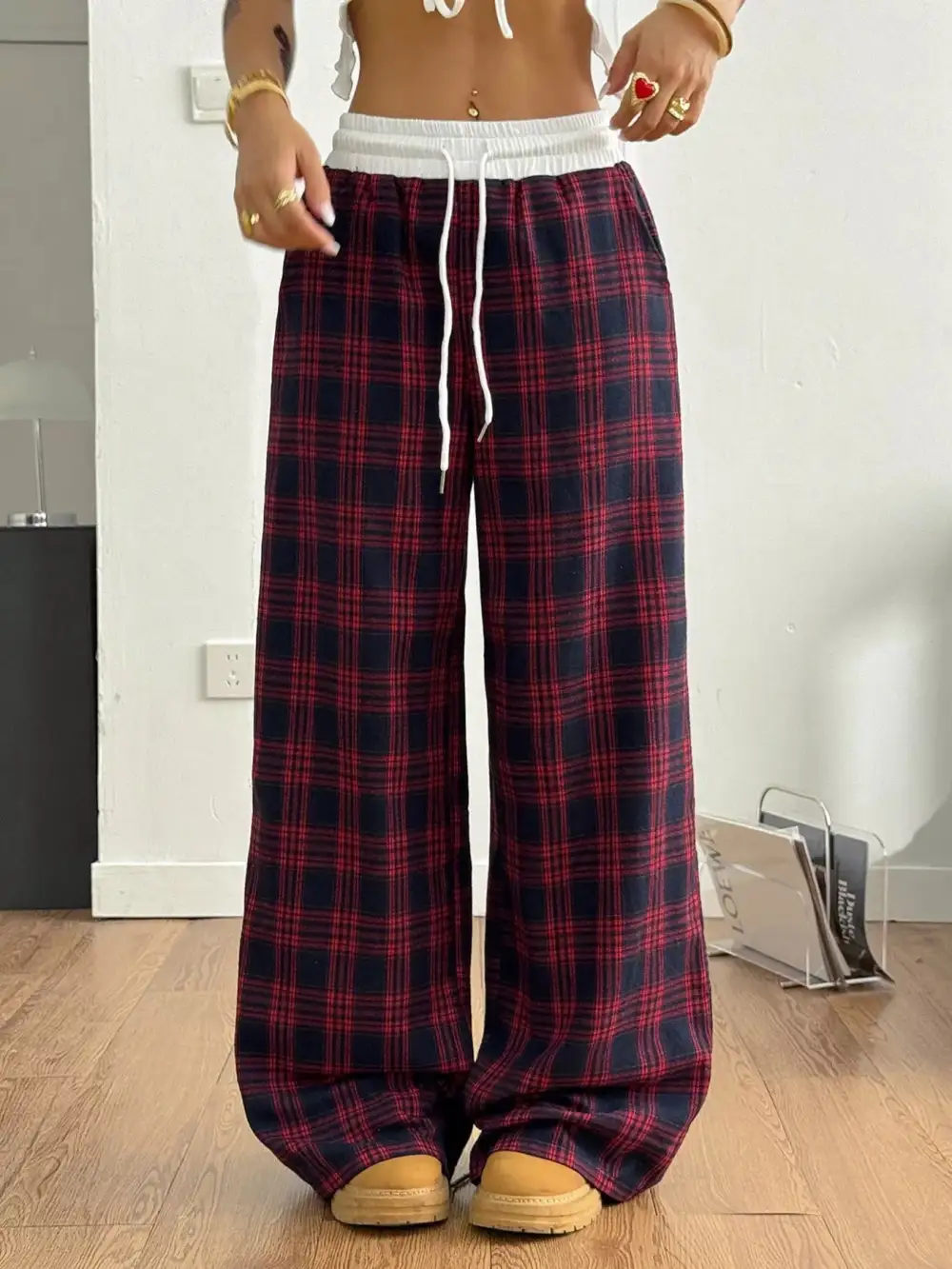 Wide Leg Elastic Waist Plaid Drawstring Pants