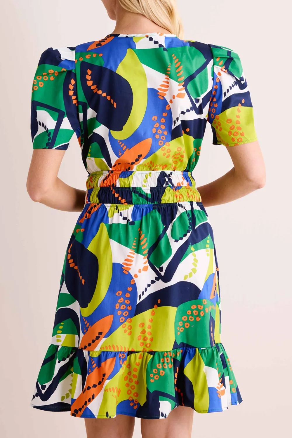 Multi Abstract Print V-Neck Short Sleeve Dress