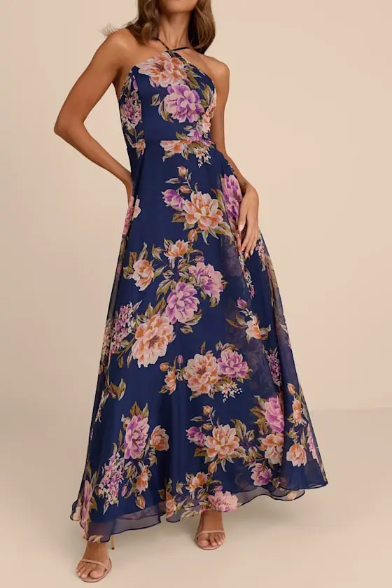 Romantic Marvel Navy Floral Print Halter Neck Maxi Dress