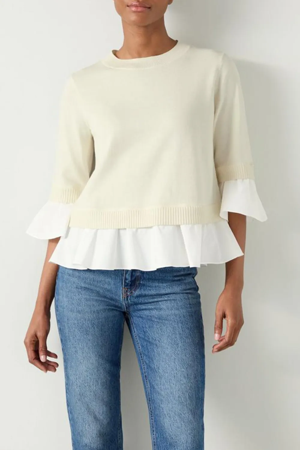 White Layered Hem Short Sleeve Knit Sweater