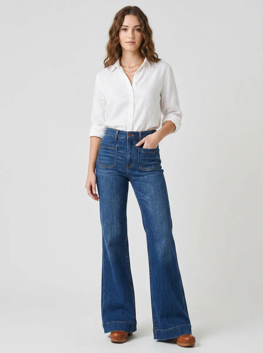 Women's Vintage Style High-Waisted Wide Leg Denim Jeans