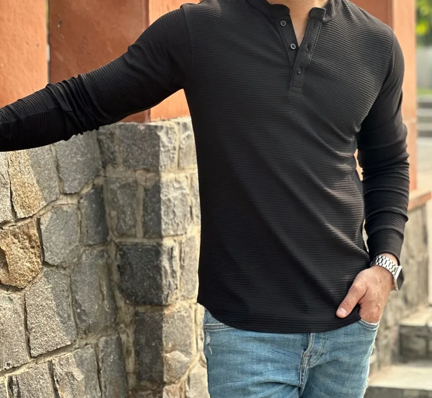Black Textured Knit Long Sleeve Henley