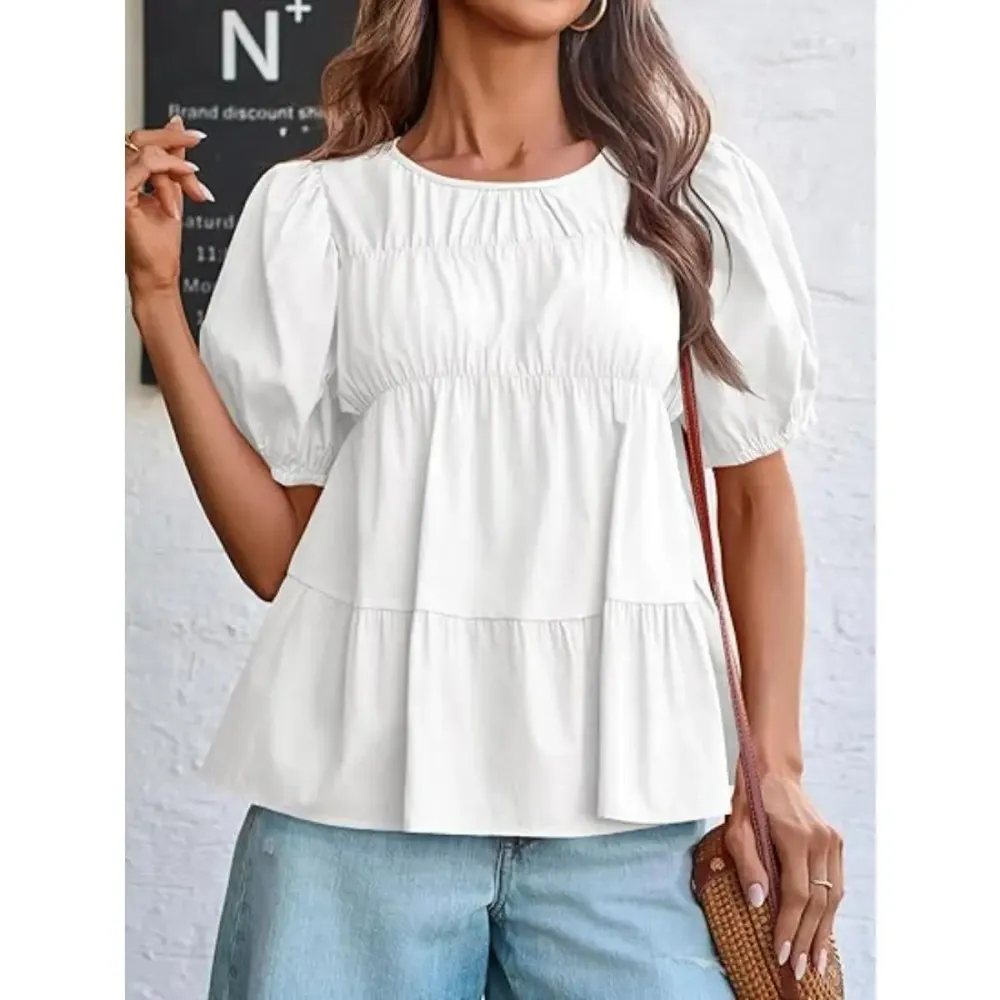 Womens Puff Sleeve Peplum Babydoll Tops